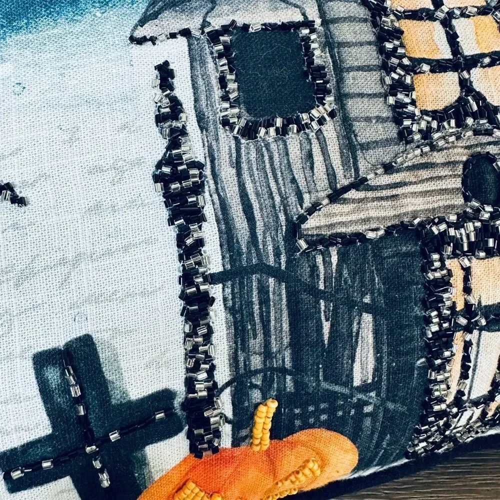 Halloween Haunted House Embroidered Beaded Throw Pillow